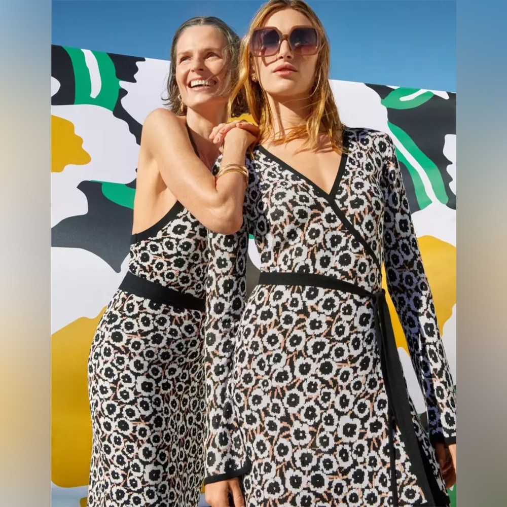 Diane Von Furstenberg Black and White Floral Wrap Mini Dress